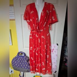 Ralph Lauren Red Floral Midi Dress With Wraparound Tie Size 14 Excellent Cond.